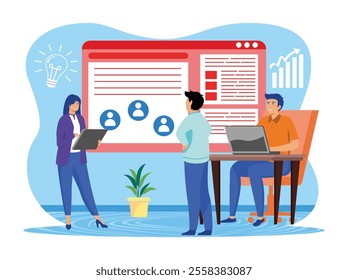 Professional group of colleagues brainstorming and discussing in a collaborative office environment, managing projects and exchanging innovative ideas.  Flat vector modern illustration 
