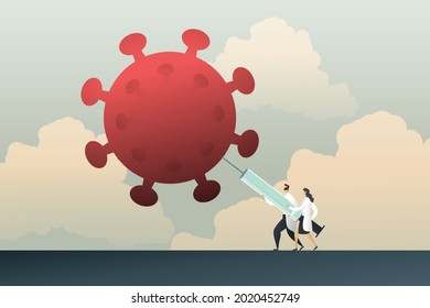 Professional group of doctors use vaccines to fight by injection syringe to covid-19 coronavirus in severe viral epidemic. Illustration vector.