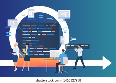 Professional group working on project. Process, work on computer, integration. Business concept. Vector illustration can be used for topics like software development, agile management, scrum meeting