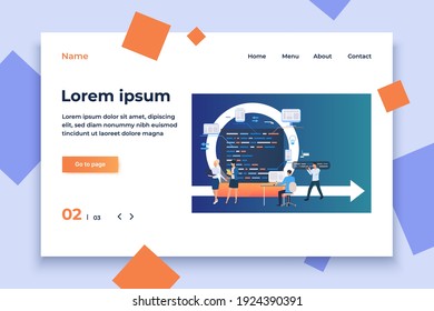 Grupo profesional que trabaja en proyectos. Proceso, trabajo en computadora, integración. Concepto de negocio. La ilustración vectorial puede utilizarse para temas como desarrollo de software, gestión ágil, reunión de depuración
