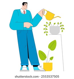 Professional growth concept. A businessman nurturing plants, symbolizing investment in personal development. Career advancement through care and effort. Vector illustration.