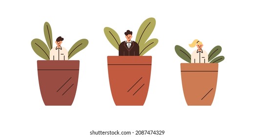 Professional growth and development concept. Employees grow in pots, metaphor for career start and skills developing. Young trainees. Flat vector illustration of interns isolated on white background