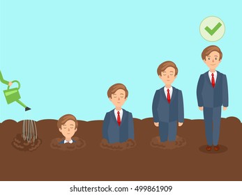 Professional growth of employee. Business metaphor. Personnel training. Colorful hand drawn cartoon vector illustration
