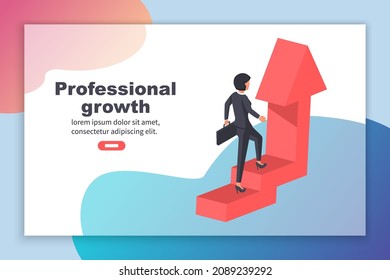 Professional growth landing page. Progress career. Businesswoman in a suit runs up arrow. Aspirations development and  ambition. Vector illustration isometric 3d design. Isolated on white background.