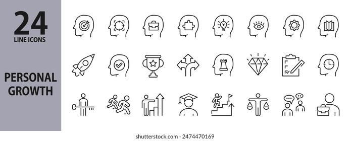 Professional Growth line icons set with Career, Professional, Rise, Goal, Progress, Success, Growth, Potential, Option, Motivation, Business, Idea, Focus, Result, Strategy and more. Editable Stroke