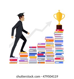 Professional growth. Male young businessman going upstairs on books. Gold trophy cup at the end of the way. Lifelong constant learning. Business education. Getting knowledge without rest. Vector