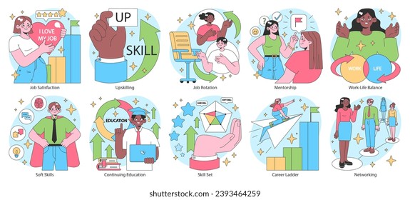 Professional growth set. Pathways and strategies for career advancement. Diverse business characters developing skills. Mentorship and networking. Work satisfaction. Flat vector illustration