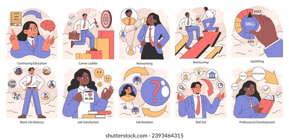 Professional growth set. Pathways and strategies for career advancement. Diverse business characters developing skills. Mentorship and networking. Work satisfaction. Flat vector illustration