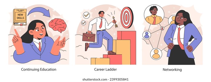 Professional growth set. Pathways and strategies for career advancement. Diverse business characters developing skills. Mentorship and networking. Work satisfaction. Flat vector illustration