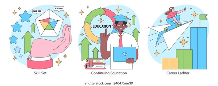 Professional growth set. Pathways and strategies for career advancement. Diverse business characters developing skills. Mentorship and networking. Work satisfaction. Flat vector illustration