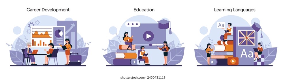 Professional Growth set. Stages of career development, academic learning, and language acquisition. Office teamwork, digital classroom, bilingual education. Vector illustration