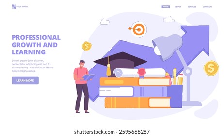Professional growth, skill development, career advancement, retraining for success. Flat design concept with tiny characters for landing page. Vector illustration for website, banner, print.