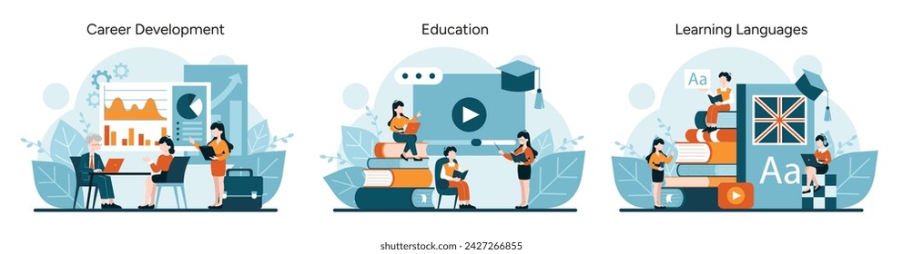 Professional Growth trio. Charts and meetings depict career advancement. Digital learning and book stacks for education. Language acquisition with multimedia tools. Vector illustration