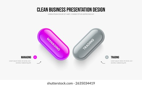 Professional Growth Two Option Infographic Frame Layout. Marketing Development 2 Step Diagram Slide Design. Investor Portfolio Slideshow Template Vector Illustration.