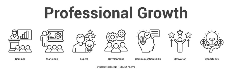 Professional Growth web banner icon set vector illustration concept for business with icon of Seminar, Workshop, Expert, Development, Communication Skil.