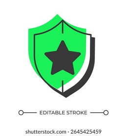 Ícone de linha de sombra deslocada de proteção profissional. Escudo com estrela. Serviço de segurança. Proteger pessoas e propriedades. Símbolo de contorno em negrito com preenchimento verde sólido. Ilustração plana moderna. Traçado editável