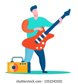 Professional Guitar Player Flat Color Illustration. Man Holding Electric Guitar Cartoon Character. Rock Star, Guitarist, Band Member Playing Solo. Musical Show, Concert, Stage Performance