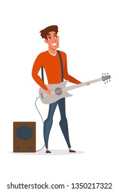 Professional guitar player flat illustration. Smiling man holding electric guitar cartoon character. Guitarist, band member playing solo. Rock concert, musical show stage performance