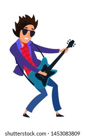 Professional guitar player flat illustration. Smiling man holding electric guitar cartoon character. Guitarist, band member playing solo. Rock concert, musical show stage performance