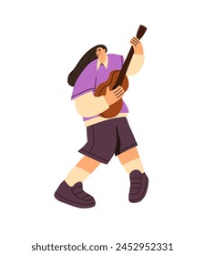 Professional guitarist performs with concert. Street musician holds wooden acoustic guitar in hands. Talented person plays on string instrument. Flat isolated vector illustration on white background