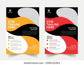 Professional gym flyer layout red yellow accent. Fitness flier universal templates creative shape. Good for business presentation, annual report, leaflet, invitation, social media cover ads banner