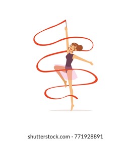 Professional gymnast girl dance with red ribbon. Professional rhythmic gymnastics sport. Beautiful woman character in purple leotard with skirt. Isolated flat vector