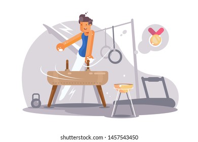 Professional gymnast having training vector illustration. Sportsman doing exercises on pommel horse at gym flat style design. Sports lifestyle concept