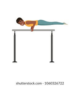 Professional gymnast training on parallel bars. Teen boy in sportswear. Artistic gymnastics sport. Cartoon Afro-American guy. Flat vector design