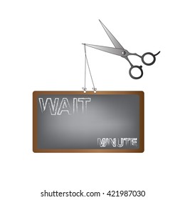 Professional Hair cutting Scissors with wait time sign (put number of minute by yourself) in blackboard,vector illustration.