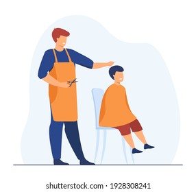 Professional hairdresser cutting hairs of boy. Scissors, hairstyle, apron flat vector illustration. Barbershop and hairdressing salon concept for banner, website design or landing web page