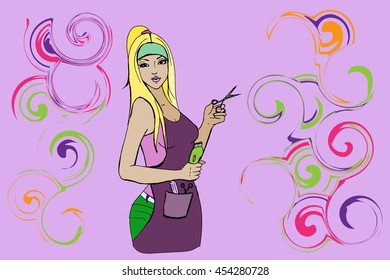 Professional hairdresser with hairdryer. Hand drawn vector stock illustration.