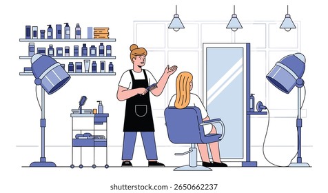 Um cabeleireiro profissional estila o cabelo loiro de um cliente em um salão moderno com capuzes de secagem e prateleiras de produtos