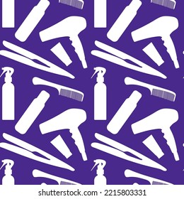 Professional hairdresser tools Barbershop Beauty Hairdressing salon, hair straighteners, curling tongs, scissors Design for print. Vector Seamless pattern