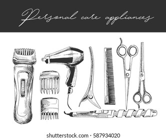 Professional hairdresser tools with copy space text, Hand Drawn Sketch Vector illustration.