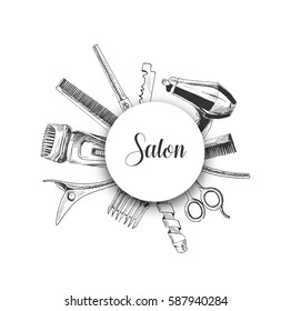 Professional Hairdresser Tools With Copy Space, Hand Drawn Sketch Vector Illustration.