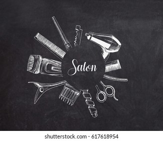 Professional hairdresser tools with copy space text, Hand Drawn Sketch Vector illustration.