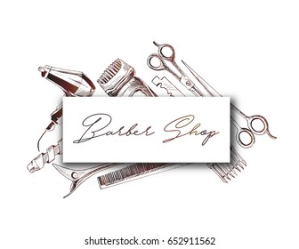 Professional hairdresser tools with copy space, Hand Drawn Sketch Vector illustration.