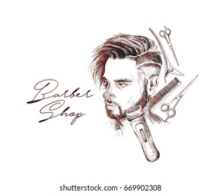 Professional hairdresser tools with hipster man, Hand Drawn Sketch Vector illustration.