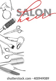 Professional hairdresser tools isolated on white. Fashion and beauty background. Use for advertising flyer, banner, leaflet. Template Vector.