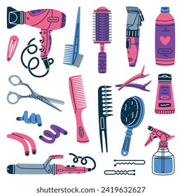 Professional Hairdressing Tools and Accessory for Hairdo Vector Set