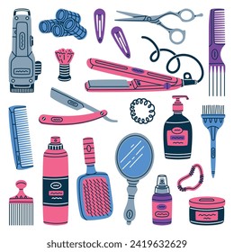 Professional Hairdressing Tools and Accessory for Hairdo Vector Set