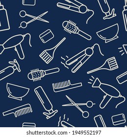 Professional hairdressing tools of the barber shop salon. Seamless vector pattern. Icons haircut, Perm, coloring, straightening hair. White outline on a blue background. Design for banners, printing.