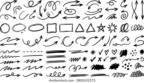 A professional hand drawn sketch annotation bundle featuring marker arrows, doodle circles, speech bubbles, callout boxes, check marks, cross icons, brush strokes, scribble textures, underline elements, and decorative symbols. Designed in a clean black monochrome vector style, this versatile collection is ideal for presentations, infographics, educational resources, planners, journals, web and app UI, branding, social media graphics, and creative design projects. Isolated on a white background with editable vector quality, making it perfect for Adobe Stock, print, and digital use.