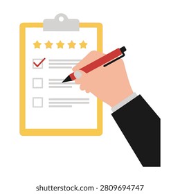 A professional hand holds a red pen to mark checklist items on a yellow clipboard with five gold star icons