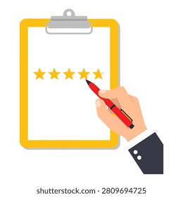 A professional hand holds a vibrant red pen while marking five gold stars on a clean yellow clipboard document graphic