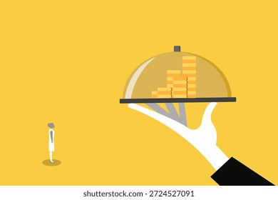 Mão profissional servindo crescente gráfico de barras financeiras em uma bandeja de prata para uma mulher de negócios ilustrando o sucesso da gestão de riqueza e as oportunidades estratégicas de crescimento do investimento