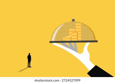 Mano de Profesional que sirve el creciente gráfico de barras financieras en bandeja de plata a un empresario que ilustra el éxito de la gestión patrimonial y las oportunidades de crecimiento de la inversión estratégica