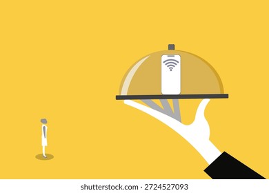 Mano de Profesional que sirve el smartphone con el icono del wifi en la bandeja a una mujer de negocios que representa la conexión digital de alta velocidad y los servicios de la tecnología móvil