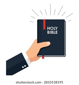 A professional hand in a suit jacket sleeve holds up a black holy bible with a red bookmark ribbon attached