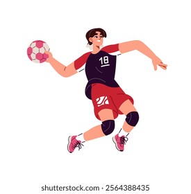 Professional handball player throws, passes ball. Sportswoman in uniform plays sports game in competition, rushing to win. Athlete training. Flat isolated vector illustration on white background